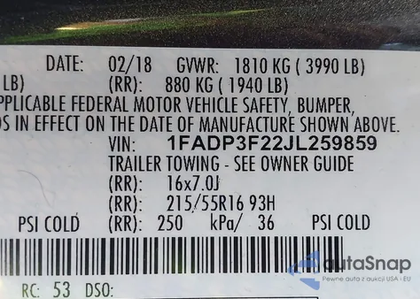 2018 Ford Focus Se z USA, uszkodzony, nr VIN 1FADP3F22JL259859